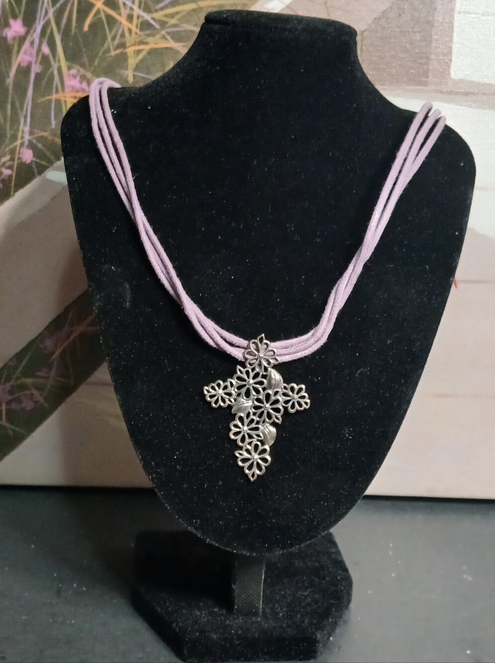 Lavender Multi-Strand Necklace with Silver Floral Cross Pendant